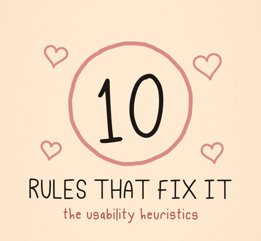 A big hand-drawn 10 in a pink circle with the words: rules that fix it, the usability heuristics